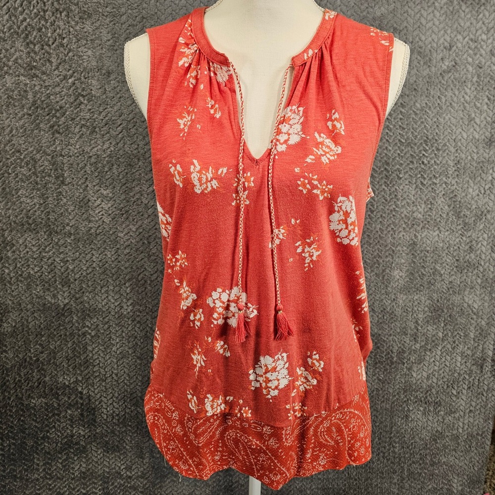Lucky Brand Womens Coral Red Floral Paisley Sleeveless Boho Tassel Top Medium